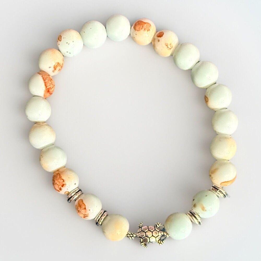 Good Luck Sea Turtle Natural Stone Magnesite 6mm Beaded Stretch Bracelet